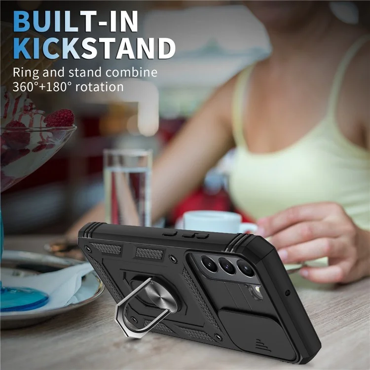 Anti-fall Phone Cover Kickstand For Samsung Galaxy S22+ 5G, Anti-scratch Phone Case Card Holder with Sliding Camera Lid - Black