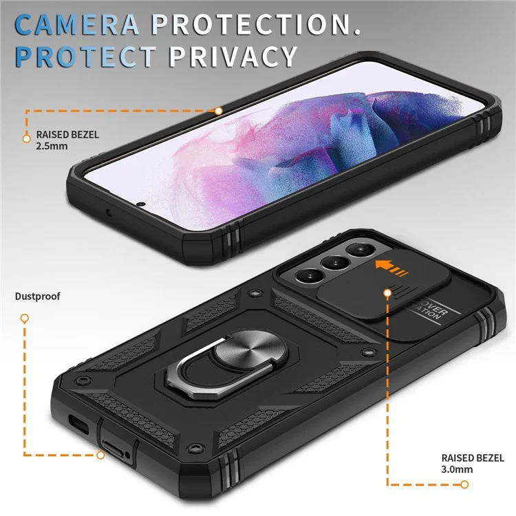 Anti-fall Phone Cover Kickstand For Samsung Galaxy S22+ 5G, Anti-scratch Phone Case Card Holder with Sliding Camera Lid - Black