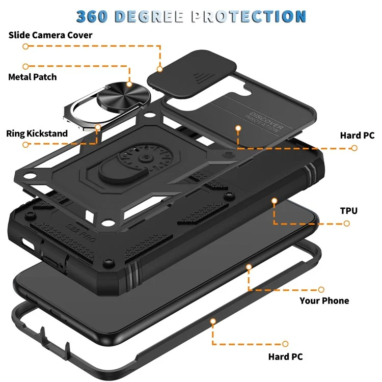 Anti-fall Phone Cover Kickstand For Samsung Galaxy S22+ 5G, Anti-scratch Phone Case Card Holder with Sliding Camera Lid - Black