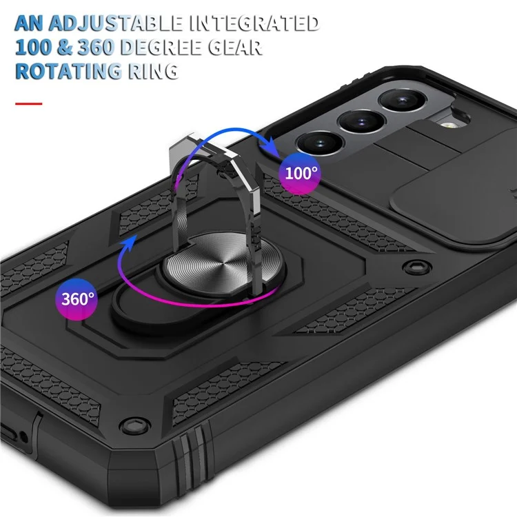 Anti-fall Phone Cover Kickstand For Samsung Galaxy S22+ 5G, Anti-scratch Phone Case Card Holder with Sliding Camera Lid - Black