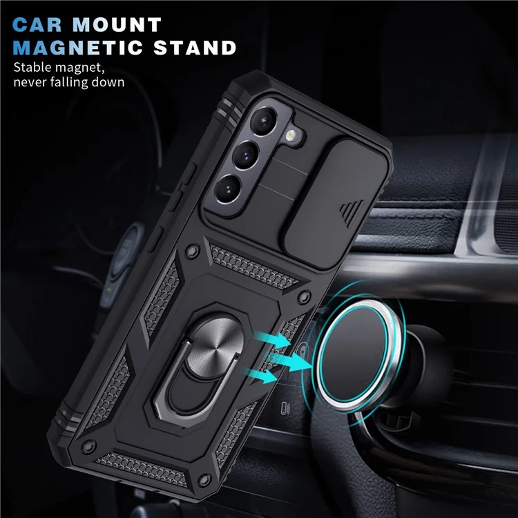 Anti-fall Phone Cover Kickstand For Samsung Galaxy S22+ 5G, Anti-scratch Phone Case Card Holder with Sliding Camera Lid - Black