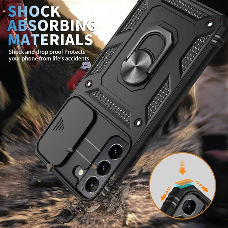 Anti-fall Phone Cover Kickstand For Samsung Galaxy S22+ 5G, Anti-scratch Phone Case Card Holder with Sliding Camera Lid - Black