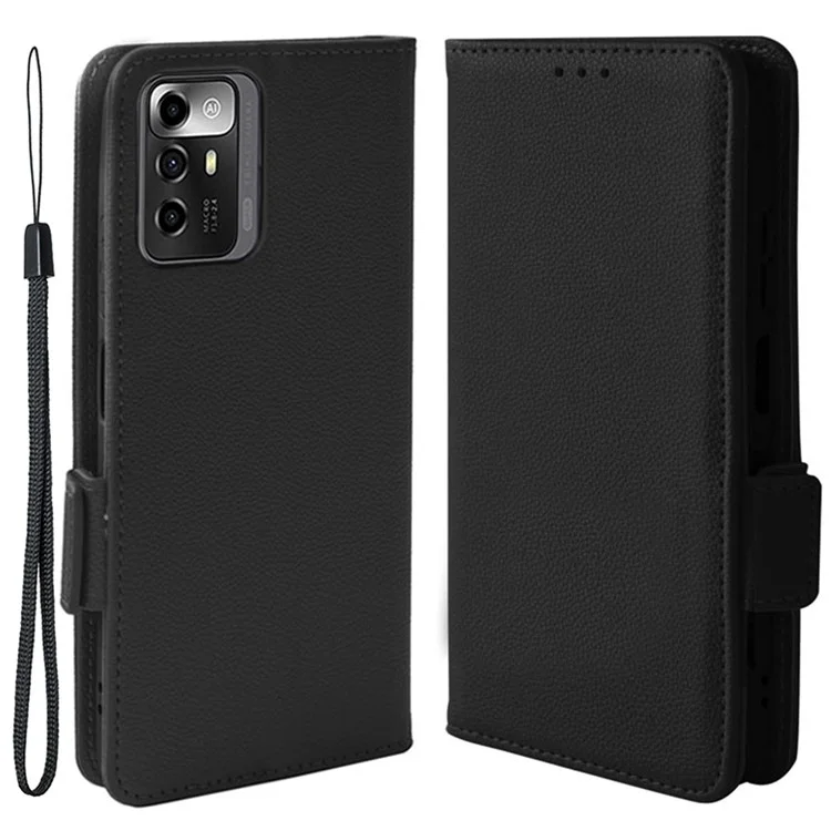 Litchi Texture Phone Case for ZTE Blade A72 5G, Stand Wallet PU Leather Magnetic Clasp Protective Cover - Black