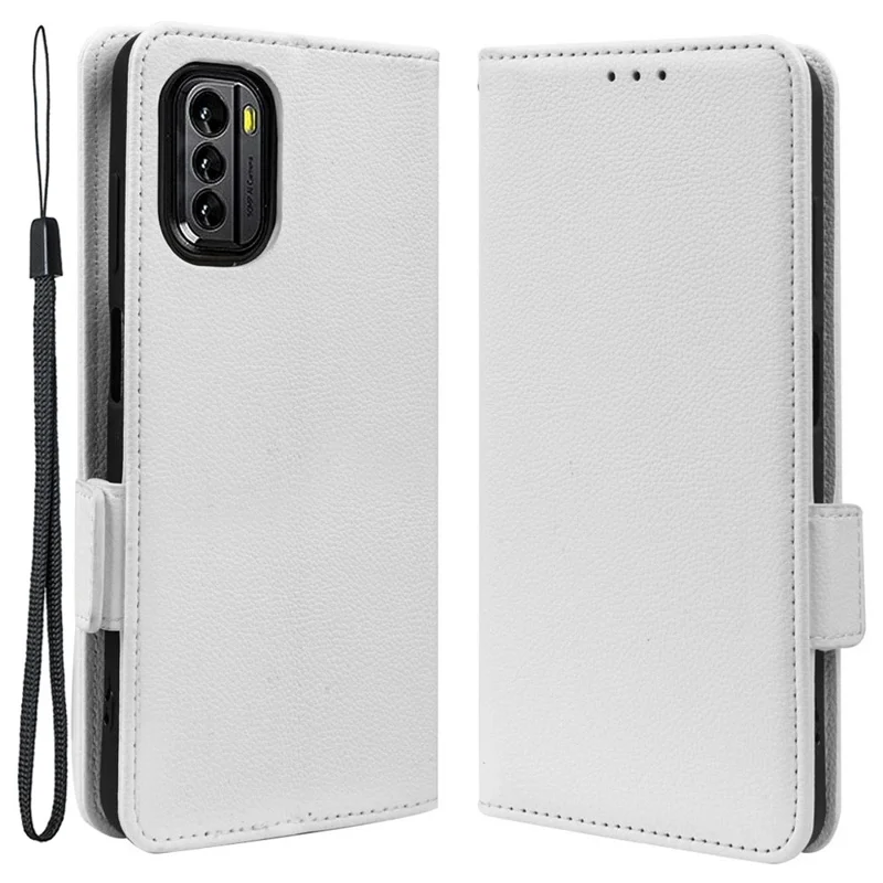 For Nokia G60 5G Litchi Texture Phone Cover PU Leather Magnetic Clasp Anti-fall Smartphone Case with Stand Wallet - White