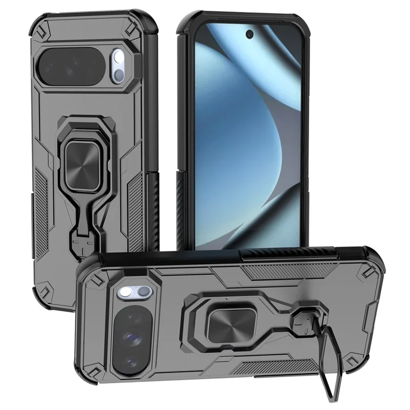 For Google Pixel 10 Pro Case Rotatable Ring Kickstand PC + TPU Shockproof Phone Cover - Black