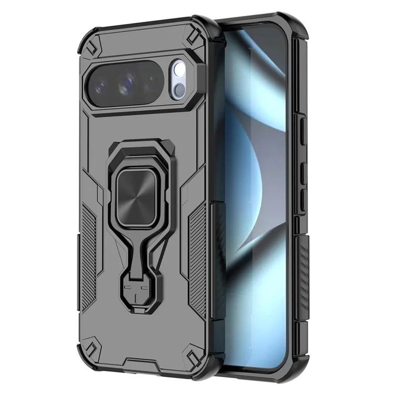 For Google Pixel 10 Pro Case Rotatable Ring Kickstand PC + TPU Shockproof Phone Cover - Black