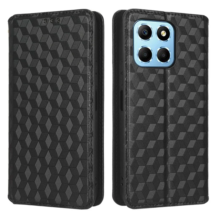Pour Honor 70 Lite 5G / X6 4G / Honor Play6C / X8 5G Rhombus Pattern Imprinted Magnetic Closure Phone Cover PU Leather Flip Wallet Stand Drop-proof Phone Case - Noir