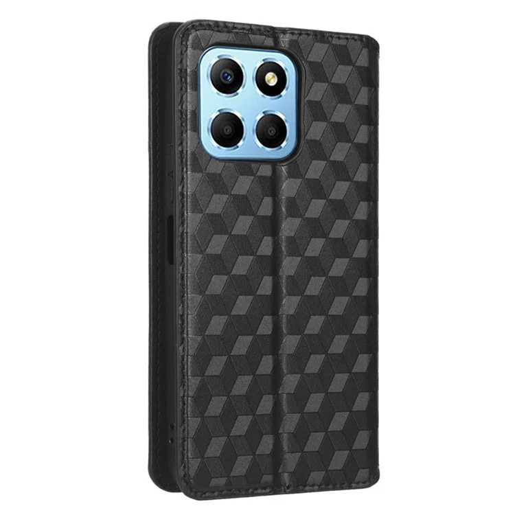 Pour Honor 70 Lite 5G / X6 4G / Honor Play6C / X8 5G Rhombus Pattern Imprinted Magnetic Closure Phone Cover PU Leather Flip Wallet Stand Drop-proof Phone Case - Noir