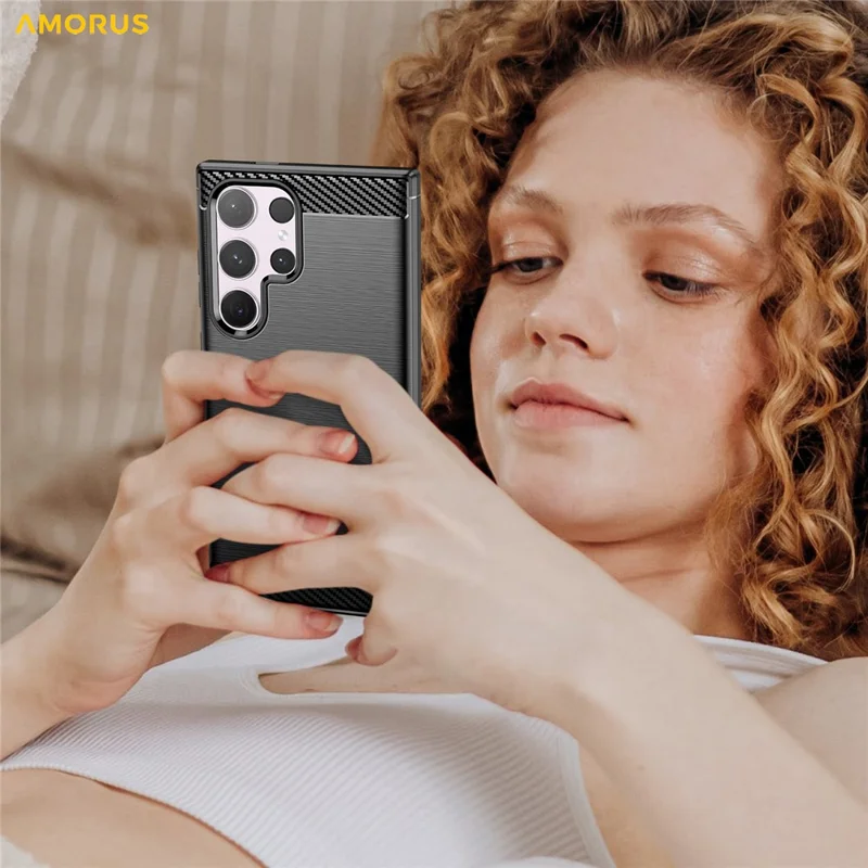 AMORUS For Samsung Galaxy S24 Ultra Case Carbon Fiber Texture Brushed Protective Phone Cover - Black