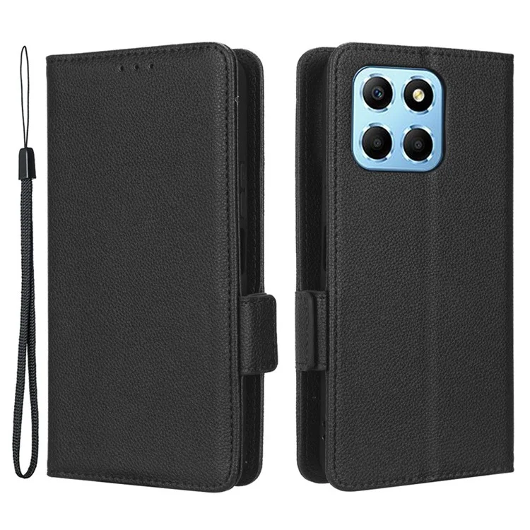 Capa de telefone com textura de lichia anti-queda para Honor 70 Lite 5G / X6 4G / Honor Play6C / X8 5G - Capa carteira de couro PU com fecho magnético duplo - Preto