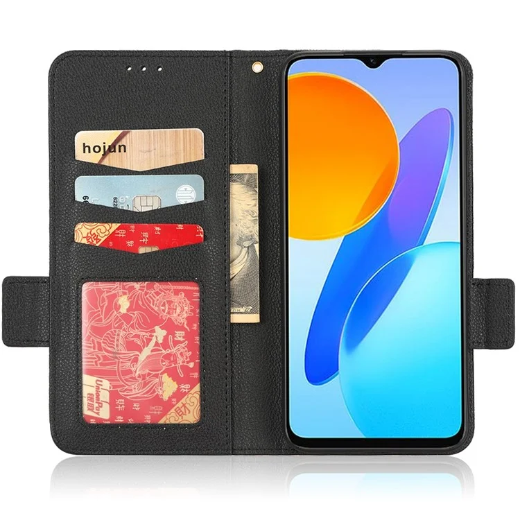 Capa de telefone com textura de lichia anti-queda para Honor 70 Lite 5G / X6 4G / Honor Play6C / X8 5G - Capa carteira de couro PU com fecho magnético duplo - Preto