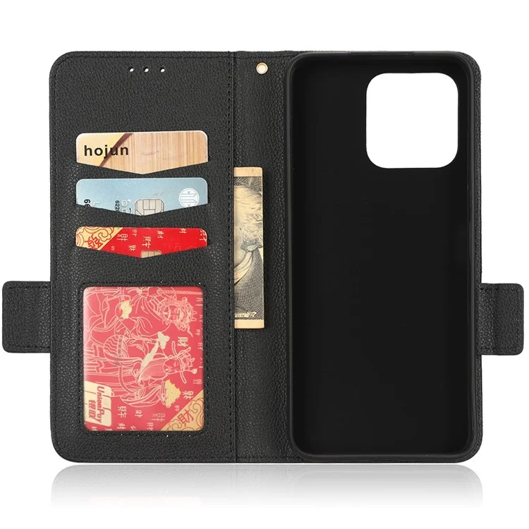 Capa de telefone com textura de lichia anti-queda para Honor 70 Lite 5G / X6 4G / Honor Play6C / X8 5G - Capa carteira de couro PU com fecho magnético duplo - Preto