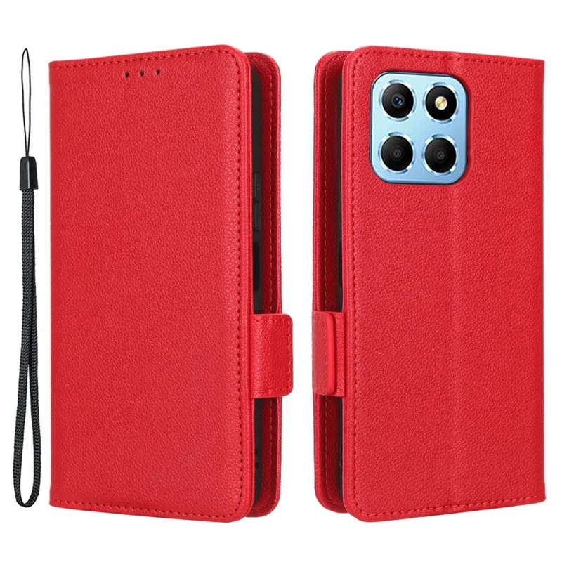 Anti-drop Litchi Texture Phone Cover for Honor 70 Lite 5G / X6 4G / Honor Play6C / X8 5G PU Leather Dual Magnetic Clasp Flip Wallet Case - Red