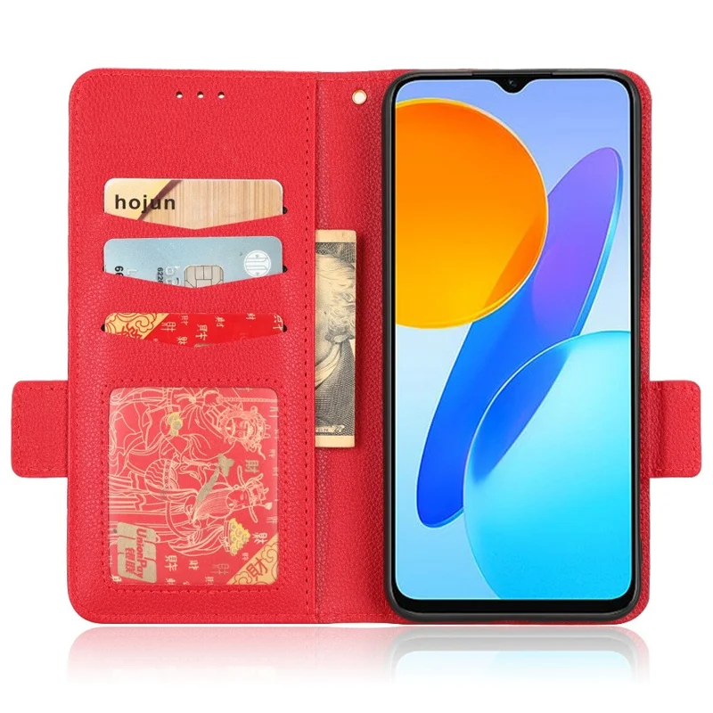 Anti-drop Litchi Texture Phone Cover for Honor 70 Lite 5G / X6 4G / Honor Play6C / X8 5G PU Leather Dual Magnetic Clasp Flip Wallet Case - Red