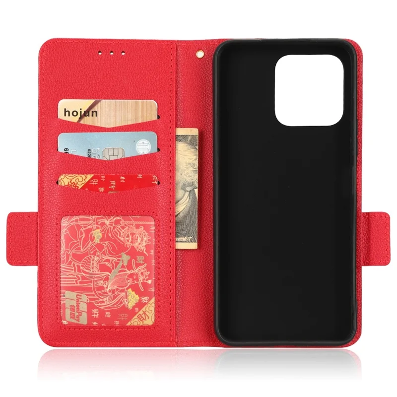 Anti-drop Litchi Texture Phone Cover for Honor 70 Lite 5G / X6 4G / Honor Play6C / X8 5G PU Leather Dual Magnetic Clasp Flip Wallet Case - Red