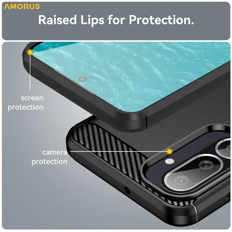 AMORUS för Samsung Galaxy F56 5G / M56 5G skal med kolfiberstruktur, borstat skyddande mobilskal - Svart
