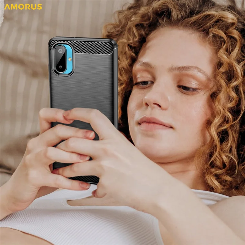 AMORUS For Samsung Galaxy M06 5G / F06 5G Case Carbon Fiber Texture Brushed Protective Phone Cover - Black