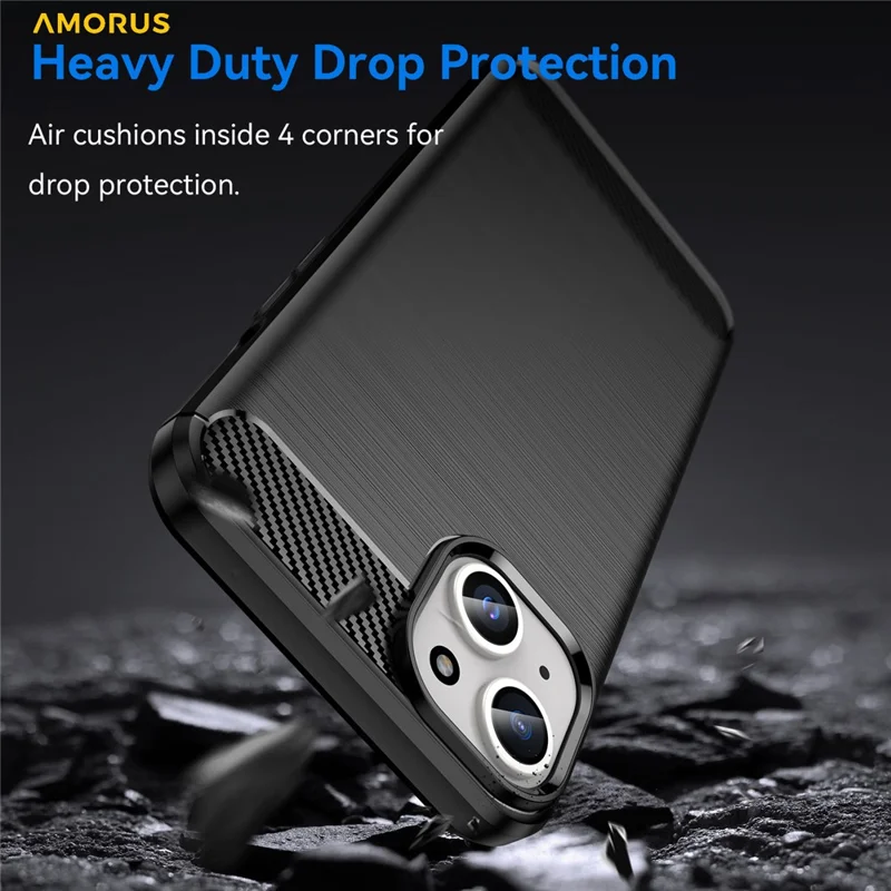 AMORUS voor iPhone 15 Plus hoesje met koolstofvezelstructuur Geborsteld beschermend telefoonhoesje - Zwart