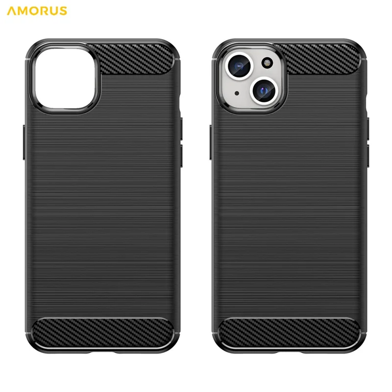 AMORUS voor iPhone 15 Plus hoesje met koolstofvezelstructuur Geborsteld beschermend telefoonhoesje - Zwart
