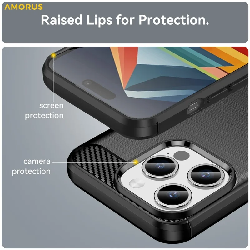 AMORUS For iPhone 15 Pro Case Carbon Fiber Texture Brushed Protective Phone Cover - Black