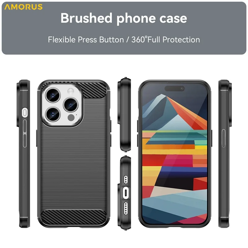 AMORUS For iPhone 15 Pro Case Carbon Fiber Texture Brushed Protective Phone Cover - Black
