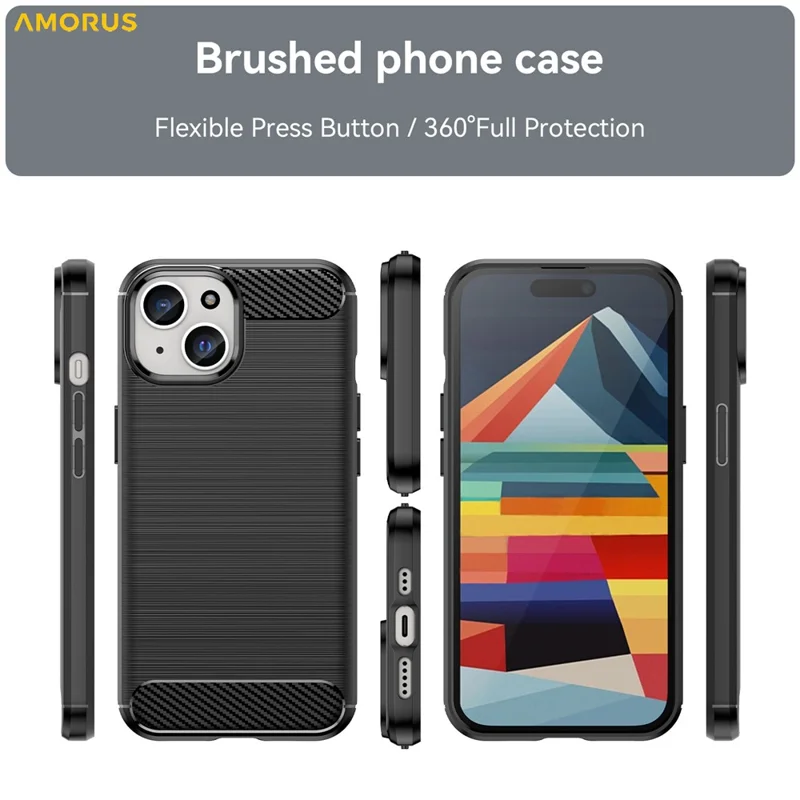 AMORUS For iPhone 15 Case Carbon Fiber Texture Brushed Protective Phone Cover - Black