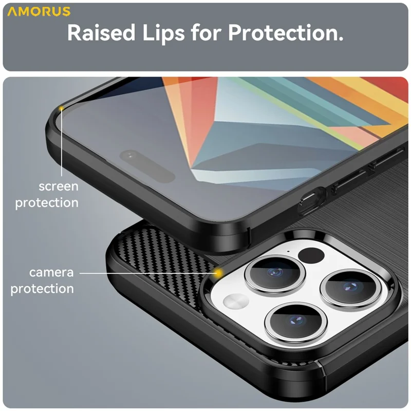 AMORUS For iPhone 15 Pro Max Case Carbon Fiber Texture Brushed Protective Phone Cover - Black