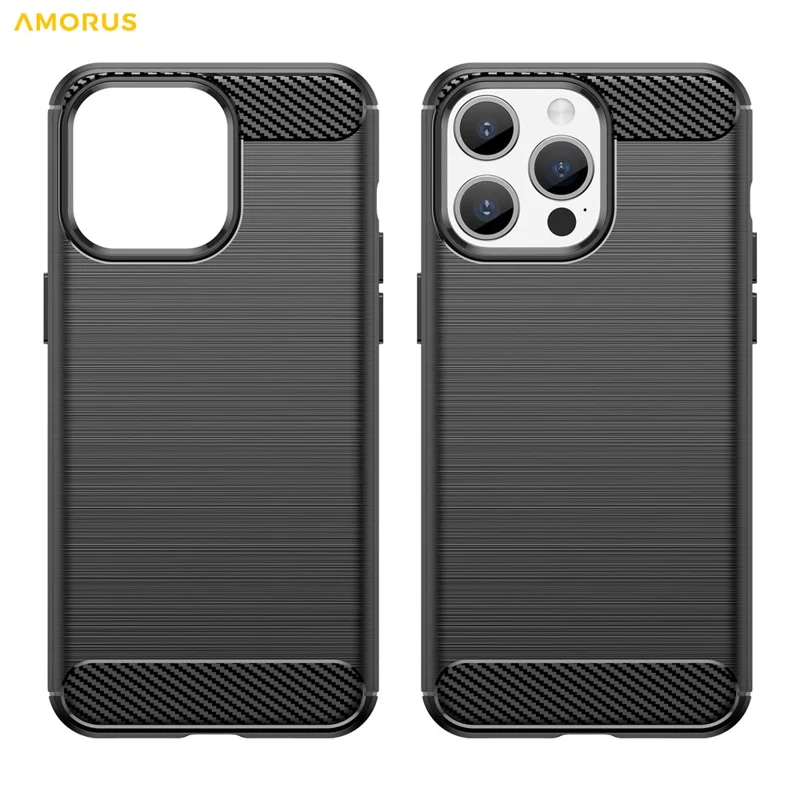AMORUS For iPhone 15 Pro Max Case Carbon Fiber Texture Brushed Protective Phone Cover - Black