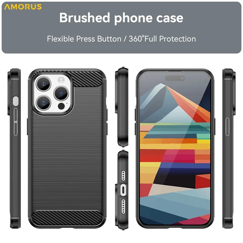 AMORUS For iPhone 15 Pro Max Case Carbon Fiber Texture Brushed Protective Phone Cover - Black