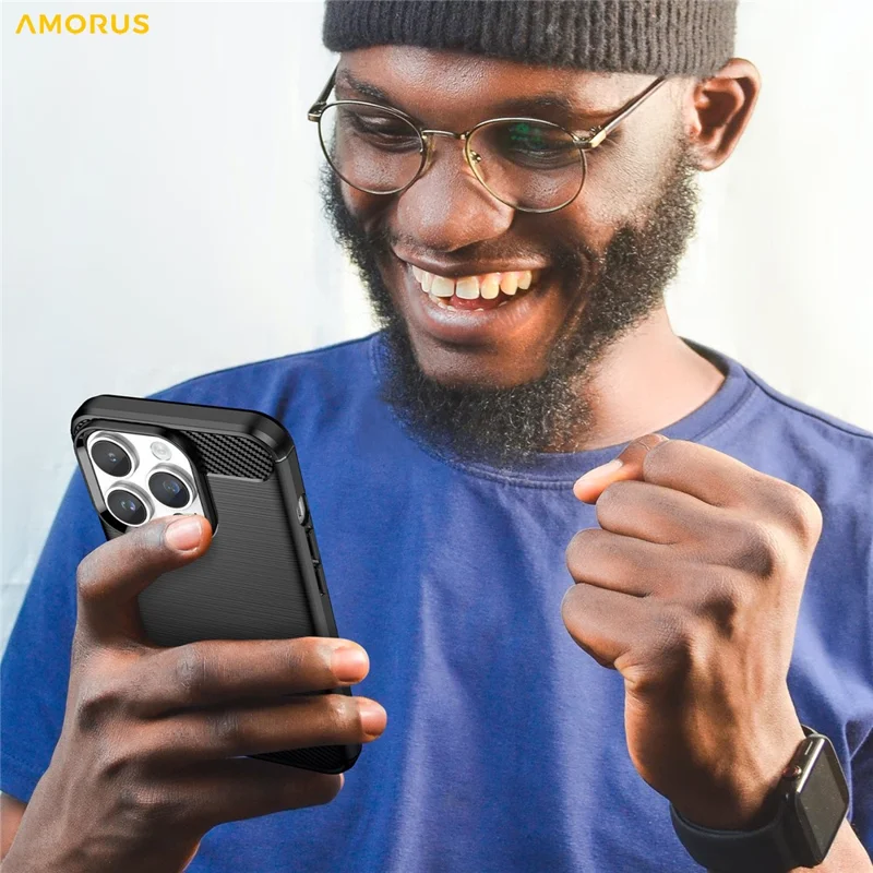 AMORUS For iPhone 14 Pro Max Case Carbon Fiber Texture Brushed Protective Phone Cover - Black