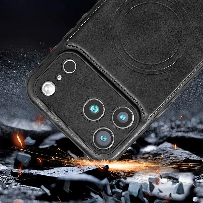 For iPhone 17 Pro Phone Case Compatible with MagSafe PC PU Leather Back Cover - Black