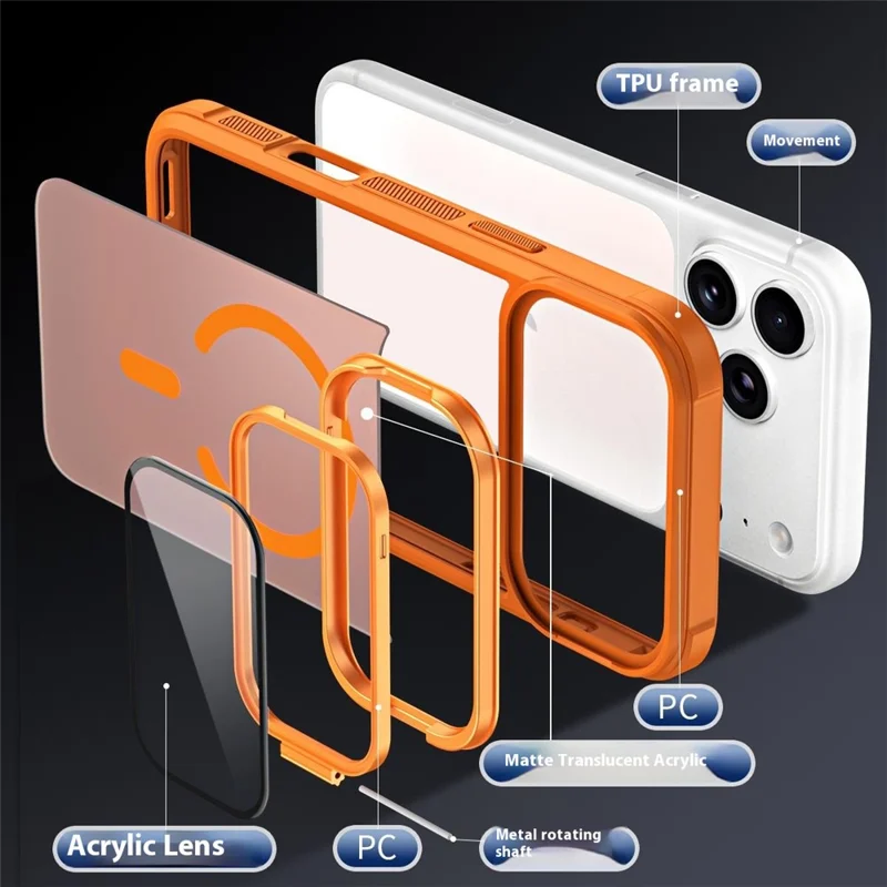 For iPhone 18 Pro / 17 Pro Case Compatible with MagSafe Lens Cover Kickstand Matte Back Cover - Orange