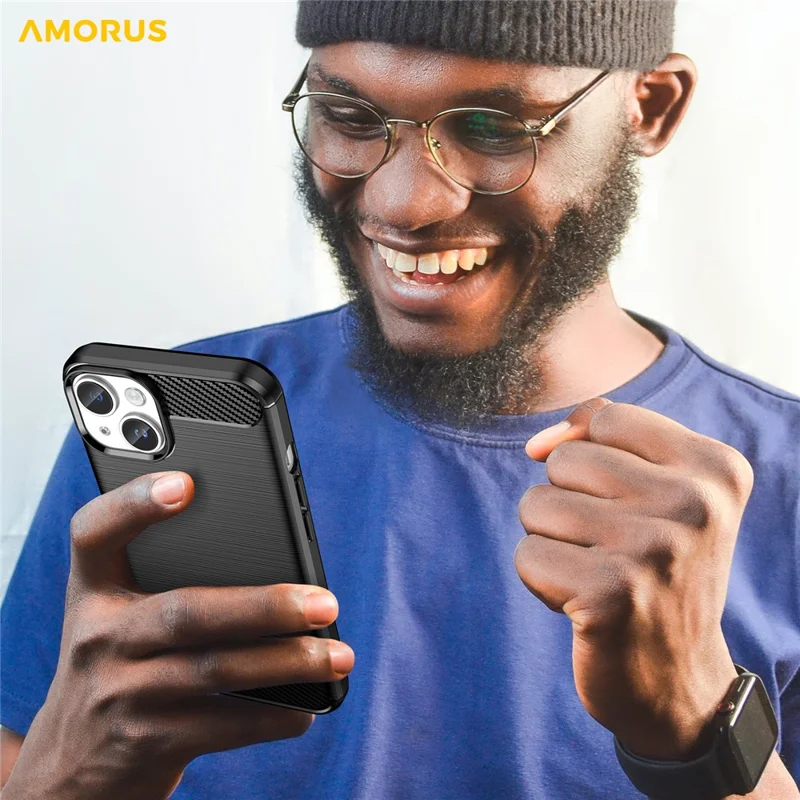 AMORUS For iPhone 14 Plus Case Carbon Fiber Texture Brushed Protective Phone Cover - Black