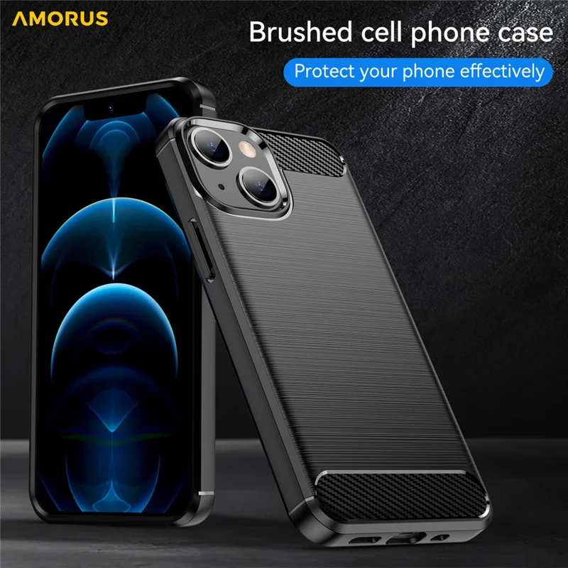 AMORUS For iPhone 13 Case Carbon Fiber Texture Brushed Protective Phone Cover - Black