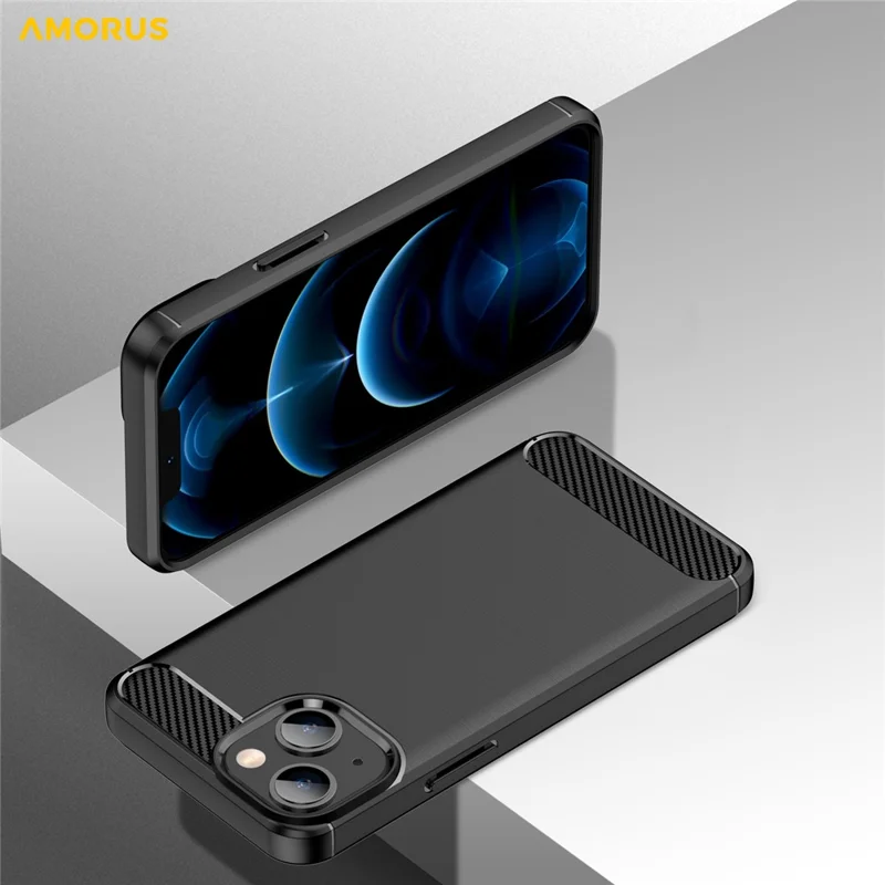 AMORUS For iPhone 13 Case Carbon Fiber Texture Brushed Protective Phone Cover - Black