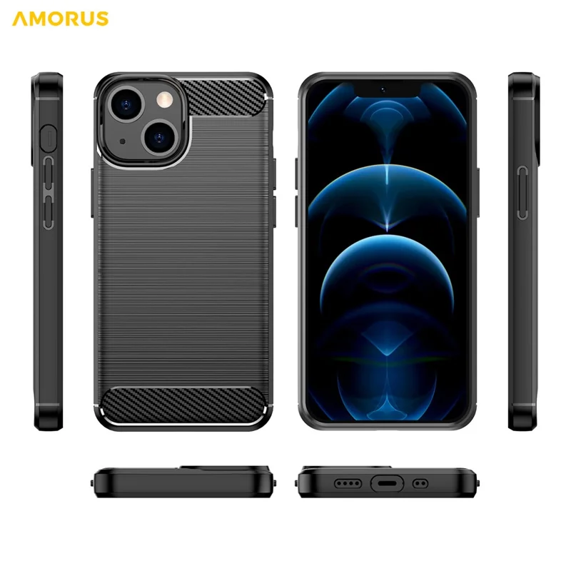 AMORUS For iPhone 13 Case Carbon Fiber Texture Brushed Protective Phone Cover - Black