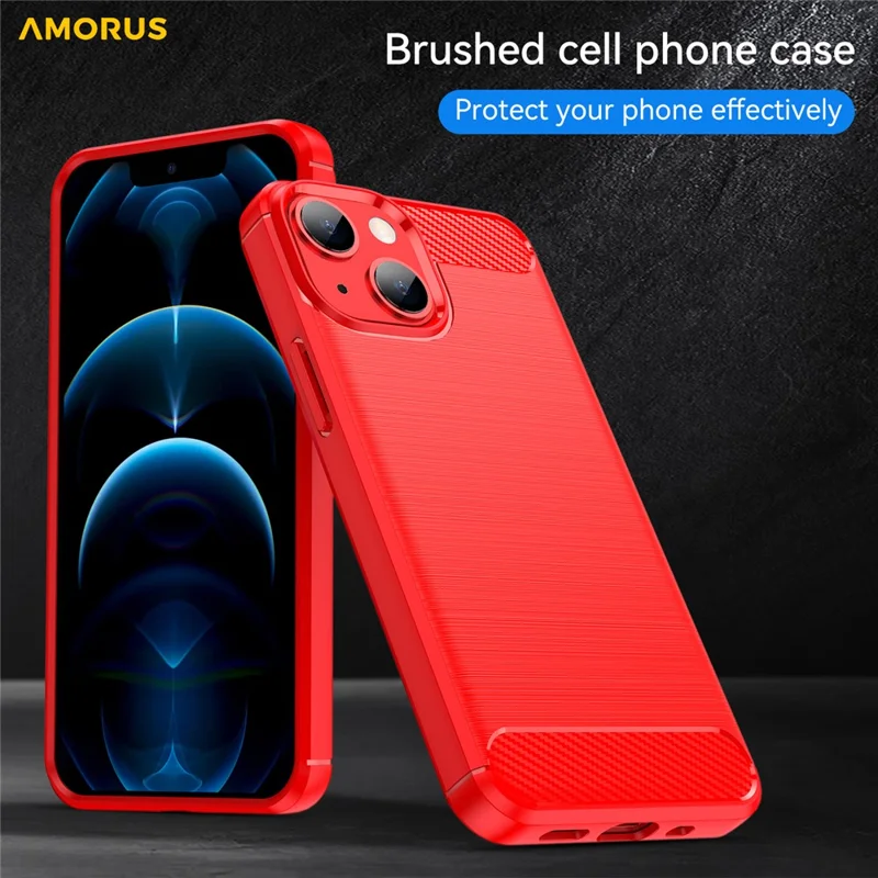 AMORUS For iPhone 13 mini Case Carbon Fiber Texture Brushed Protective Phone Cover - Red
