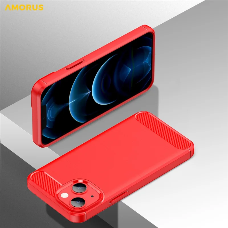 AMORUS For iPhone 13 mini Case Carbon Fiber Texture Brushed Protective Phone Cover - Red