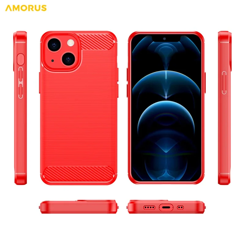 AMORUS For iPhone 13 mini Case Carbon Fiber Texture Brushed Protective Phone Cover - Red