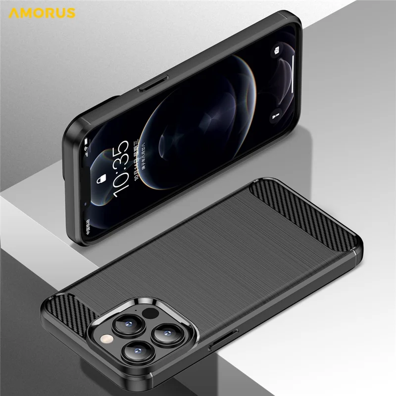 AMORUS For iPhone 13 Pro Max Case Carbon Fiber Texture Brushed Protective Phone Cover - Black