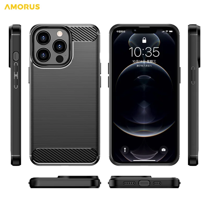 AMORUS For iPhone 13 Pro Max Case Carbon Fiber Texture Brushed Protective Phone Cover - Black