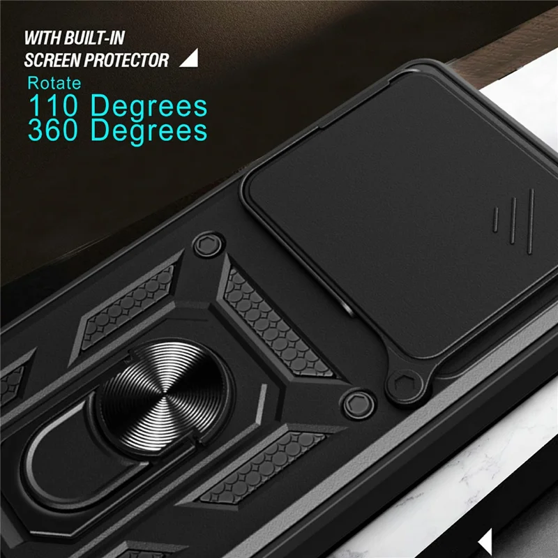 For Xiaomi Redmi Note 15 5G (Global) Case with Slide Camera Lid PC + TPU Kickstand Phone Cover - Silver