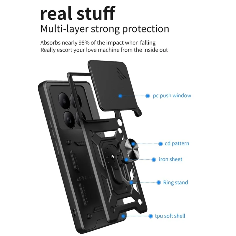 For Xiaomi Redmi Note 15 5G (Global) Case with Slide Camera Lid PC + TPU Kickstand Phone Cover - Silver