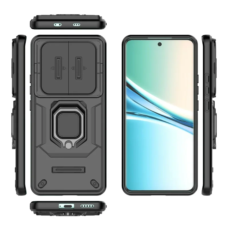 For Xiaomi Redmi Note 15 5G (Global) Case PC + TPU Kickstand Phone Protector with Lens Cover - Black