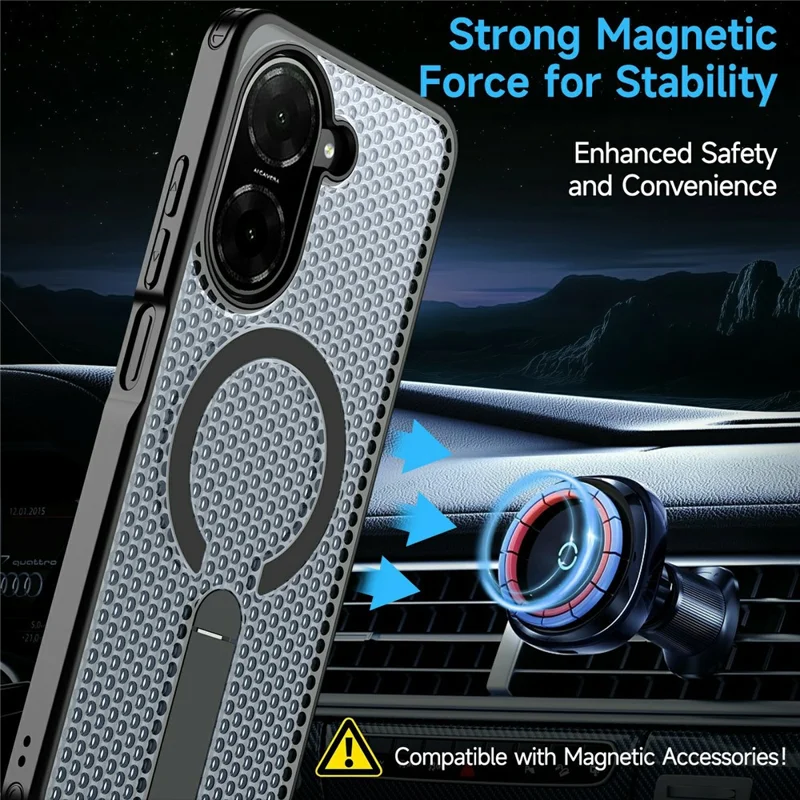 For Xiaomi Redmi A5 4G (171.7mm)  /  Poco C71 4G Magnetic Case Kickstand Grid Texture TPU PC Phone Back Cover - Black