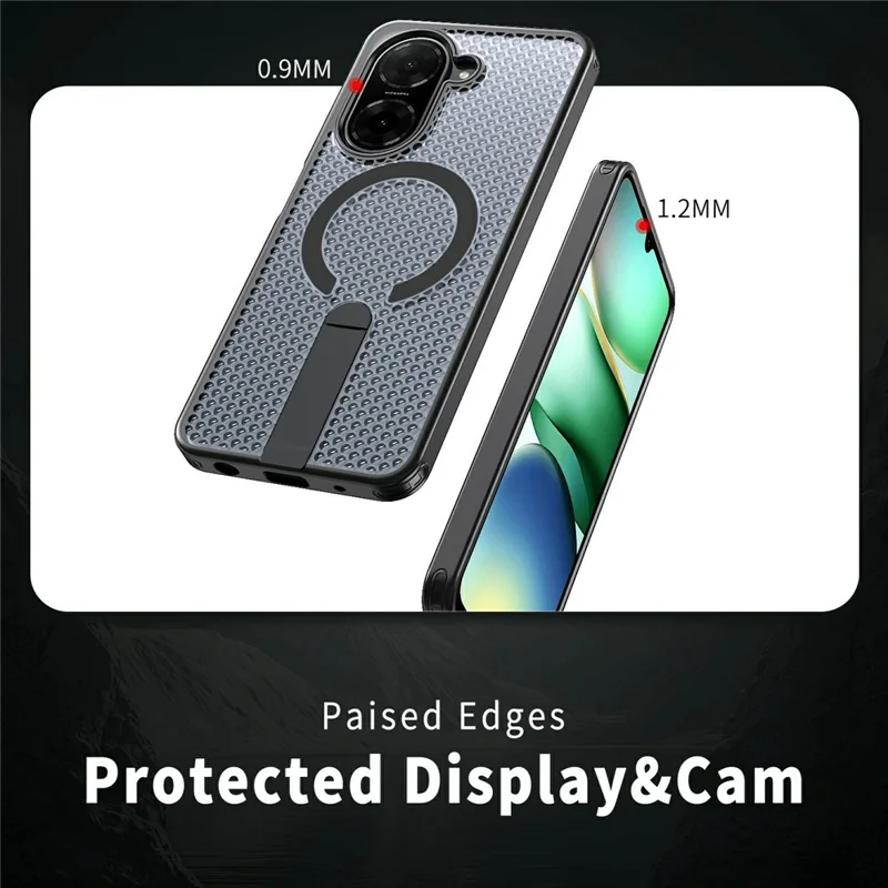 For Xiaomi Redmi A5 4G (171.7mm)  /  Poco C71 4G Magnetic Case Kickstand Grid Texture TPU PC Phone Back Cover - Black