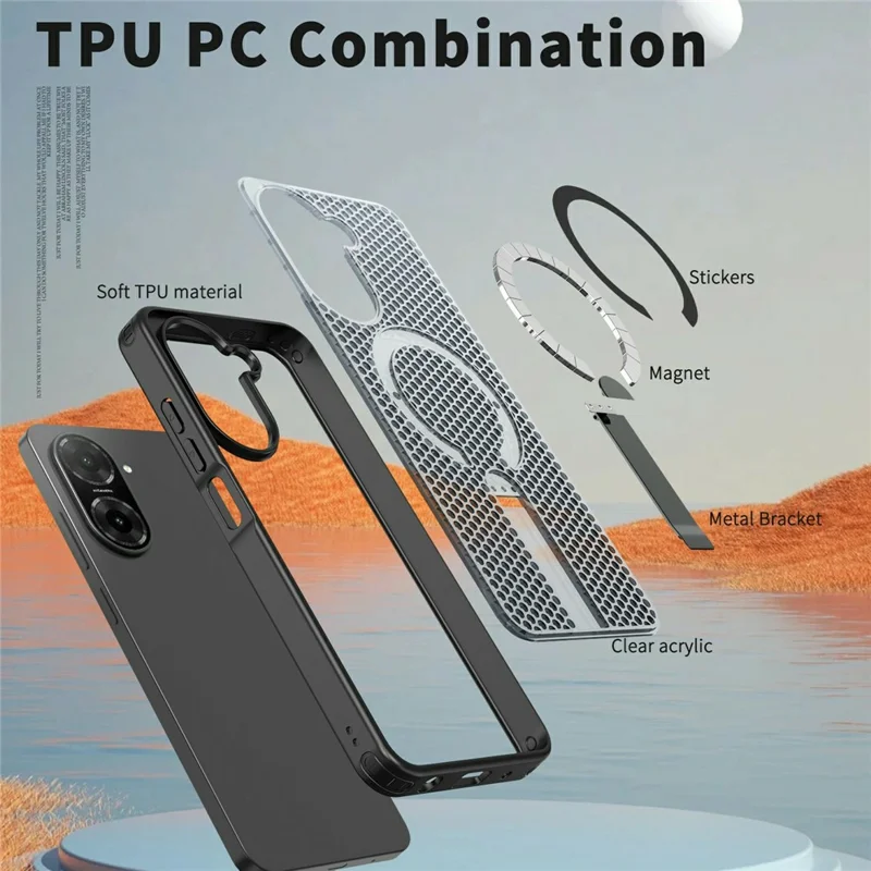 For Xiaomi Redmi A5 4G (171.7mm)  /  Poco C71 4G Magnetic Case Kickstand Grid Texture TPU PC Phone Back Cover - Black