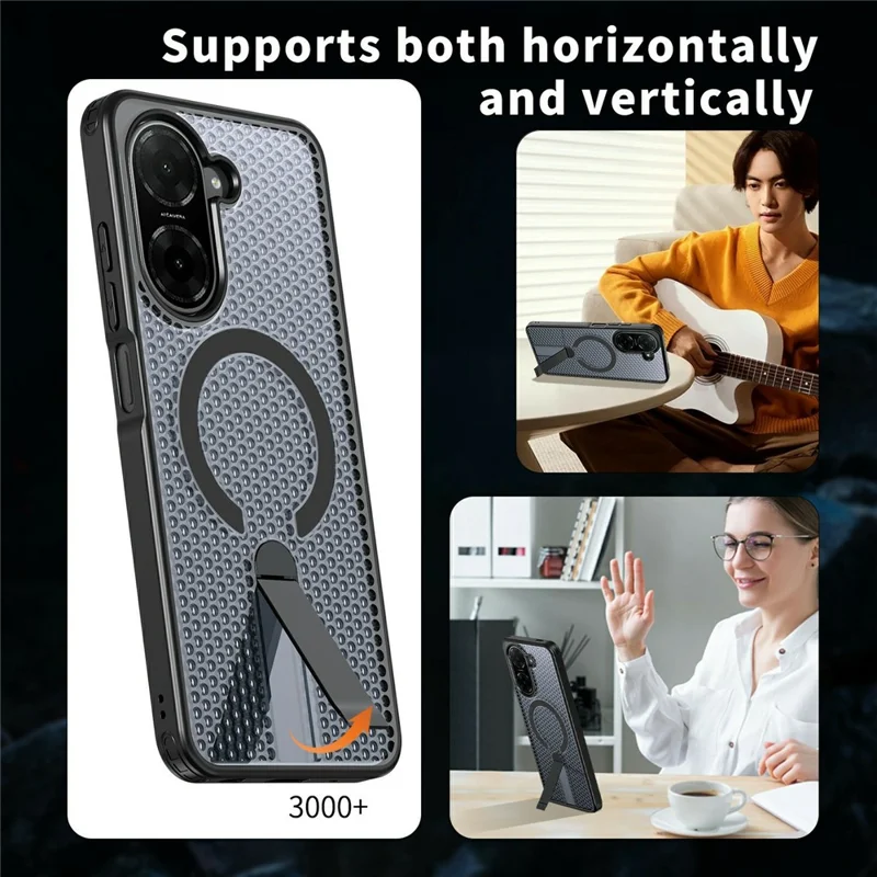 For Xiaomi Redmi A5 4G (171.7mm)  /  Poco C71 4G Magnetic Case Kickstand Grid Texture TPU PC Phone Back Cover - Black