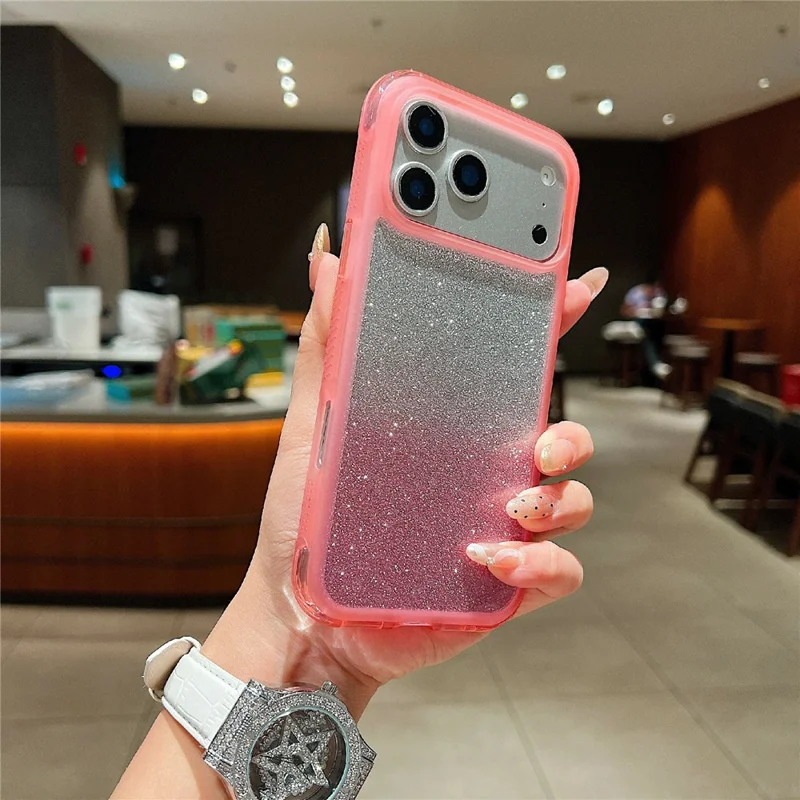 For iPhone 17 Pro Case Shockproof TPU + PC Clear Phone Back Cover with Glitter Card - Pink