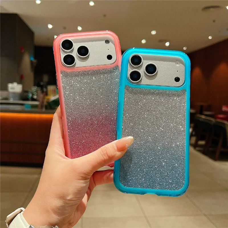 For iPhone 17 Pro Case Shockproof TPU + PC Clear Phone Back Cover with Glitter Card - Pink